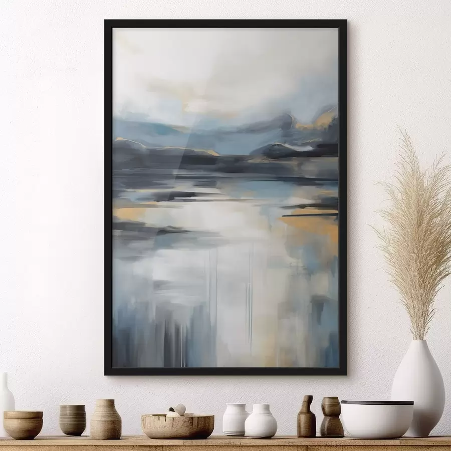 Papier peint photo Paysage abstrait aux tons bleus, gris et jaunes, imitant une peinture texturée f50946