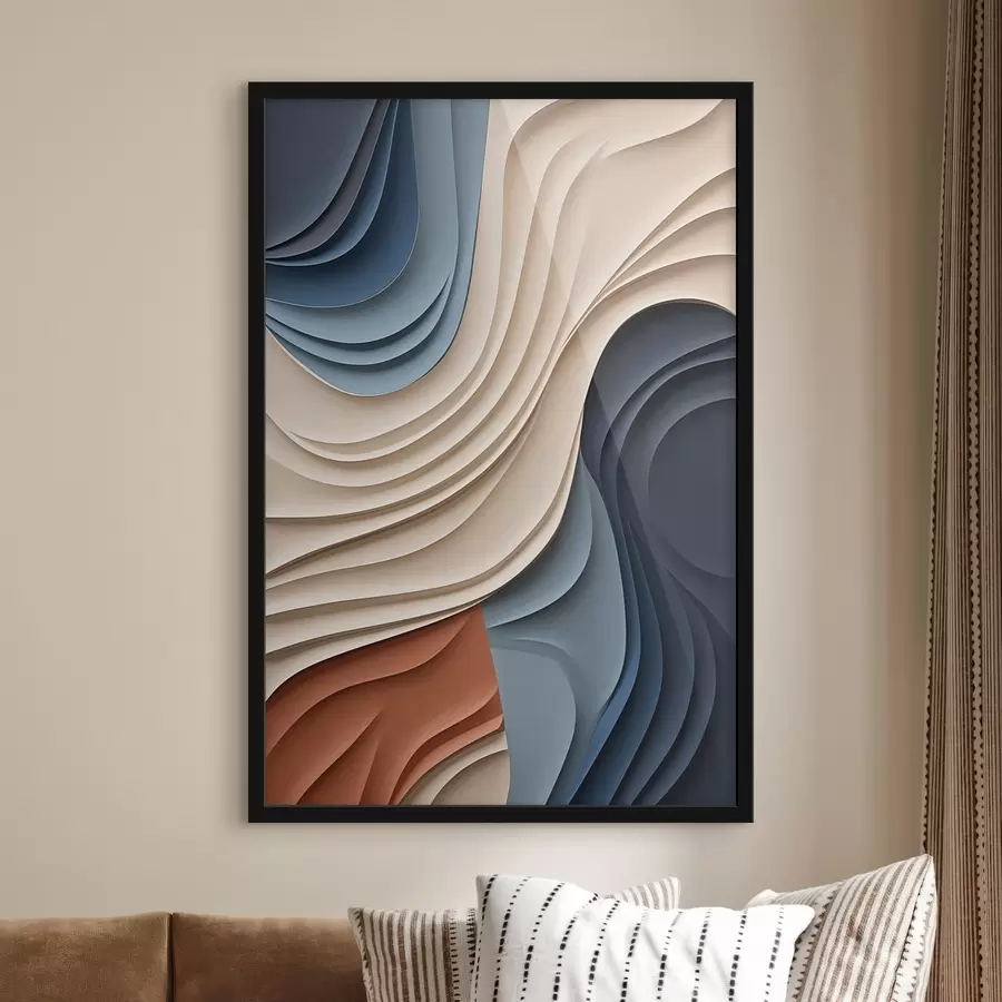 Papier peint photo Couches abstraites et ondulées dans des tons crème, bleu et orange, œuvre d'art moderne texturée f50949