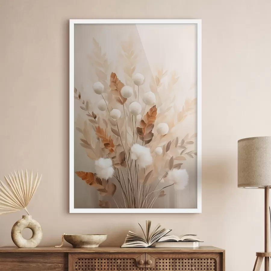 Papier peint photo Un bouquet de fleurs blanches duveteuses et de feuilles d'oranger séchées, aux couleurs douces et discrètes f50951