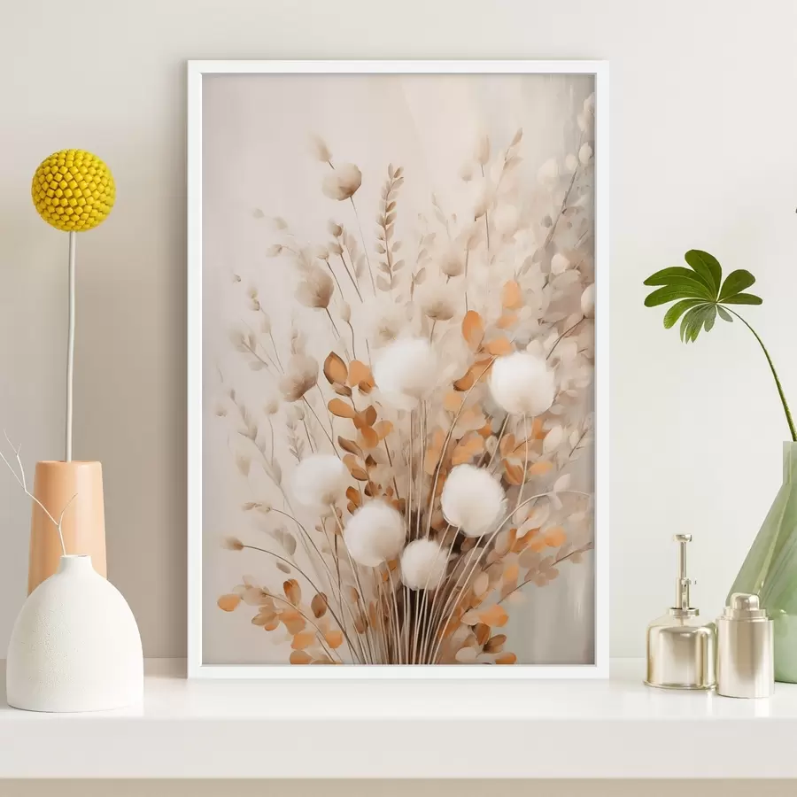 Papier peint photo Un bouquet de fleurs blanches duveteuses et de feuilles d'oranger séchées, aux couleurs douces et discrètes f50952