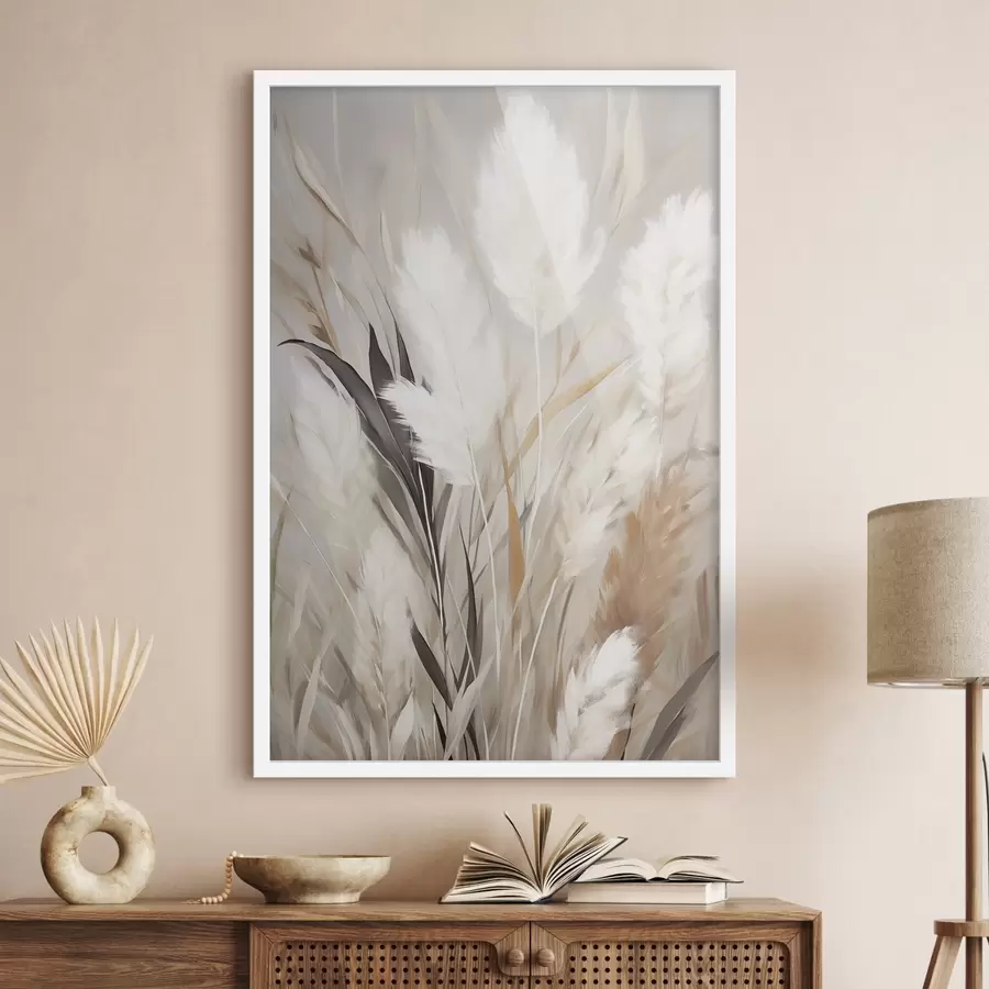 Papier peint photo Herbe de la pampa aux feuilles blanches et noires sur un fond neutre f50955