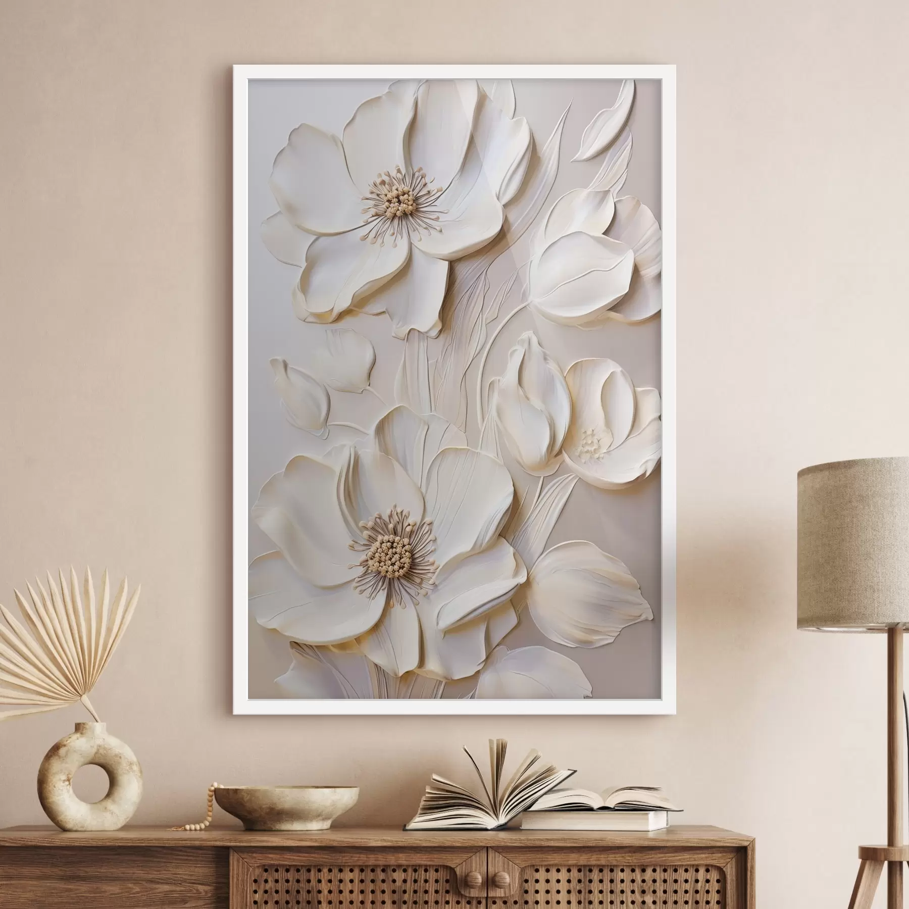 Papier peint photo Fleurs de couleur crème aux pétales texturés, sur un fond doux et clair f50957