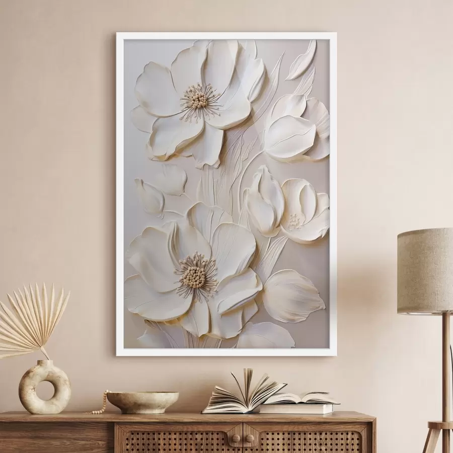 Papier peint photo Fleurs de couleur crème aux pétales texturés, sur un fond doux et clair f50957