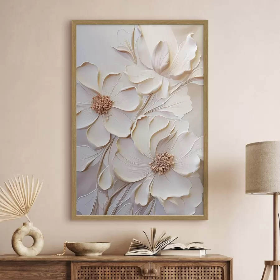 Fotobehang Crèmekleurige bloemen met gestructureerde bloemblaadjes, tegen een zachte, lichte achtergrond f50958