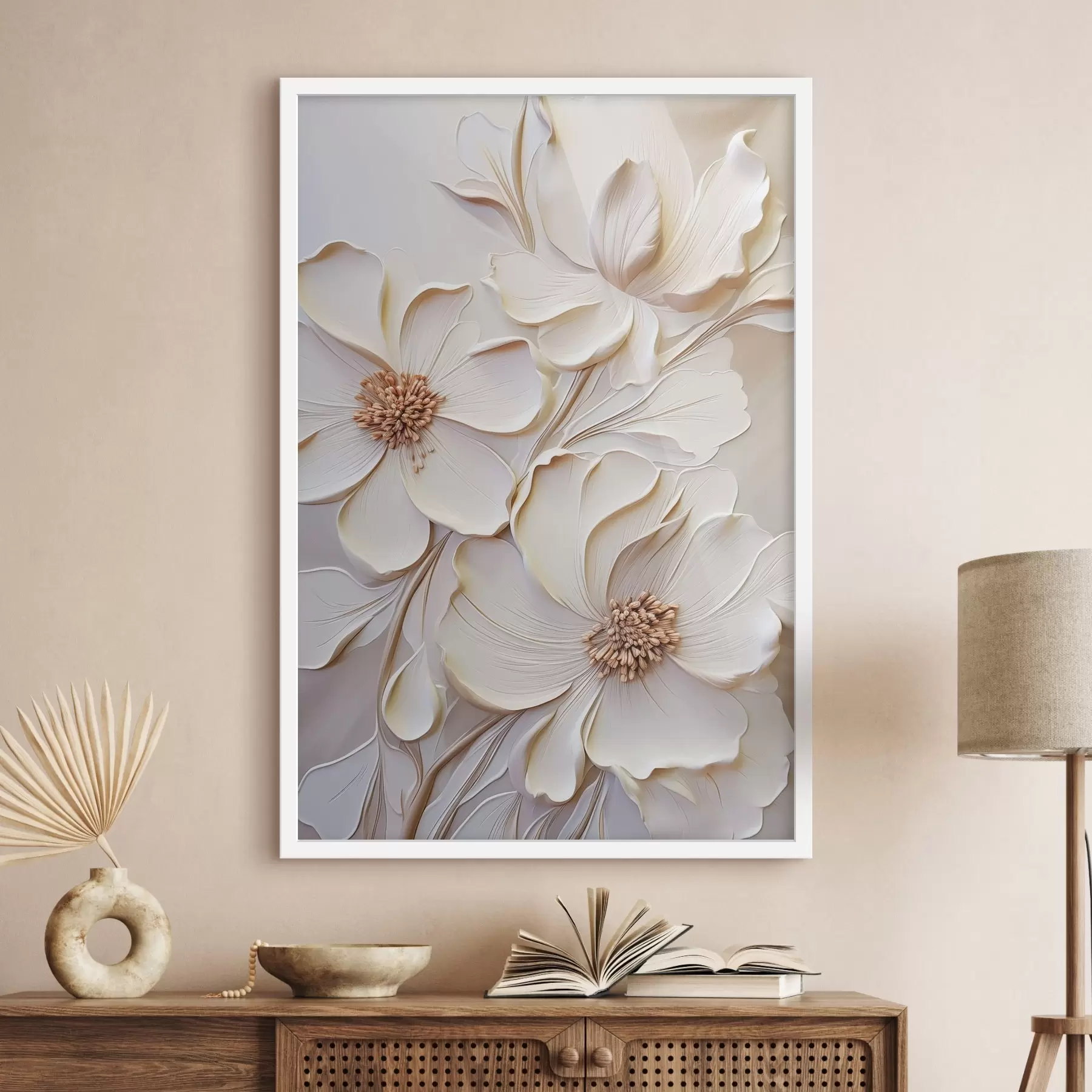 Papier peint photo Fleurs de couleur crème aux pétales texturés, sur un fond doux et clair f50958