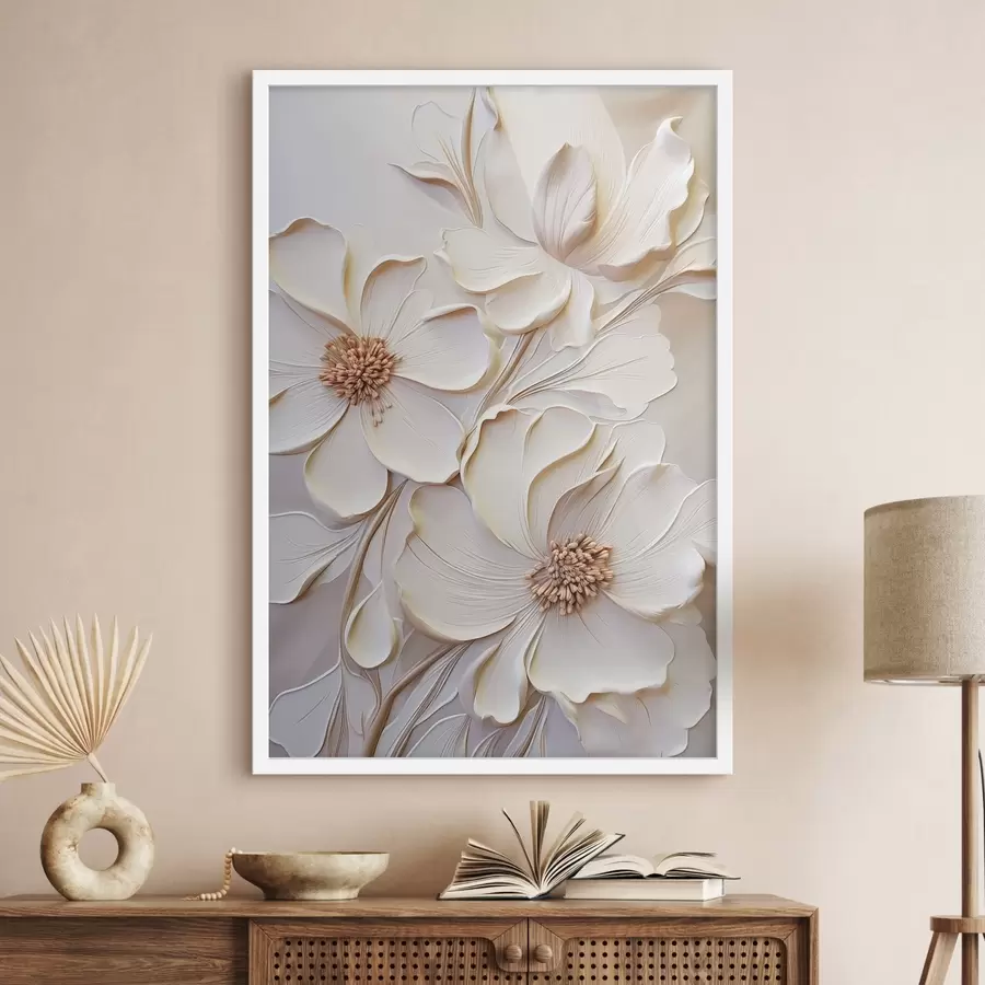 Papier peint photo Fleurs de couleur crème aux pétales texturés, sur un fond doux et clair f50958
