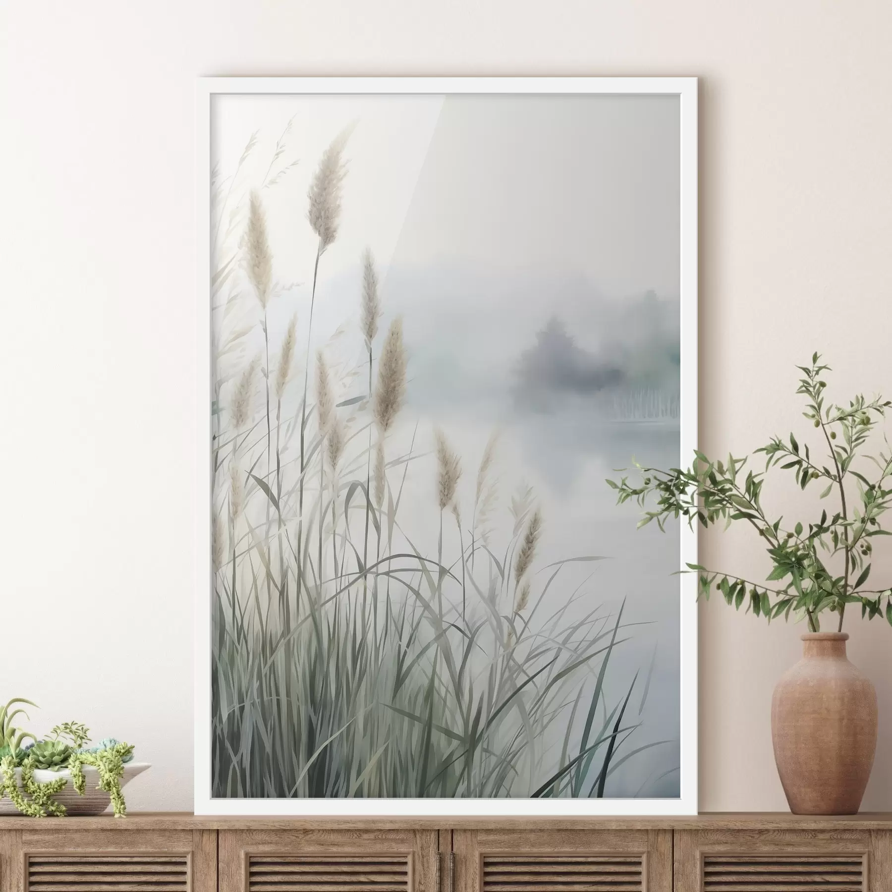 Papier peint photo De hautes herbes de la pampa aux feuilles plumeuses, un paysage aux textures brumeuses f50964