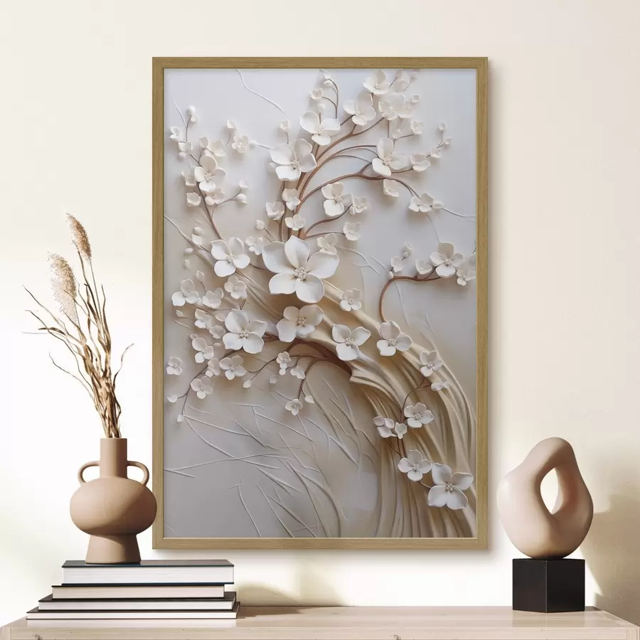 Fotobehang Boom met witte bloemen en bruine stengels, lichtbeige achtergrond met gestructureerde krullen f50971