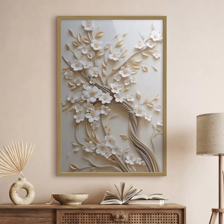 Fotobehang Boom met witte bloemen en bruine stengels, lichtbeige achtergrond met gestructureerde krullen f50972
