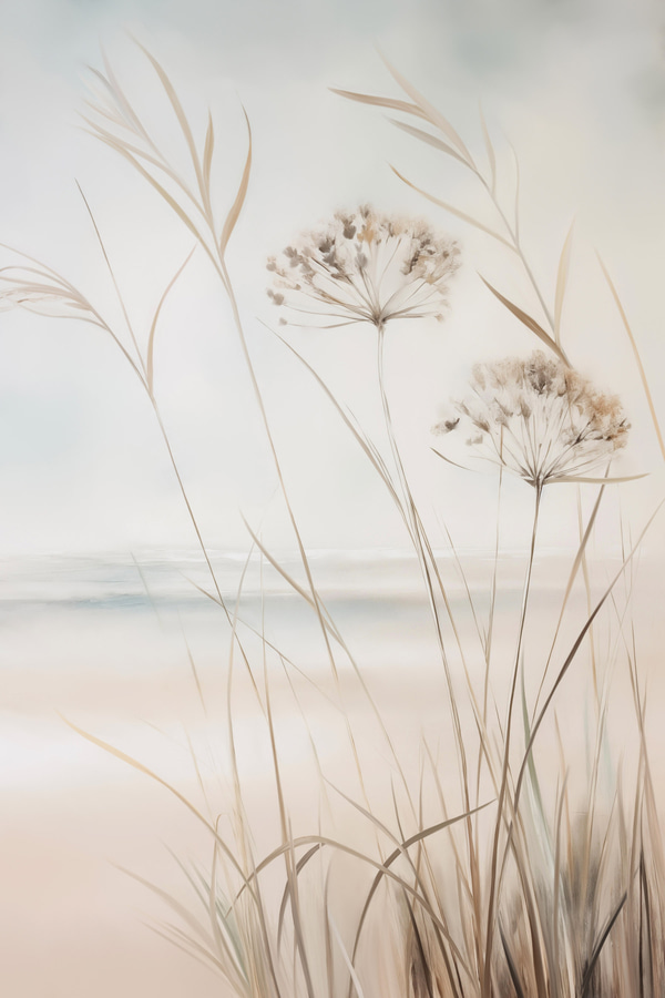 Poster Hoog, droog gras en bloemen in ingetogen beige- en wittinten, met een zachte, wazige achtergrond, Posters Bloemen en planten, f50974wo : Uwalls