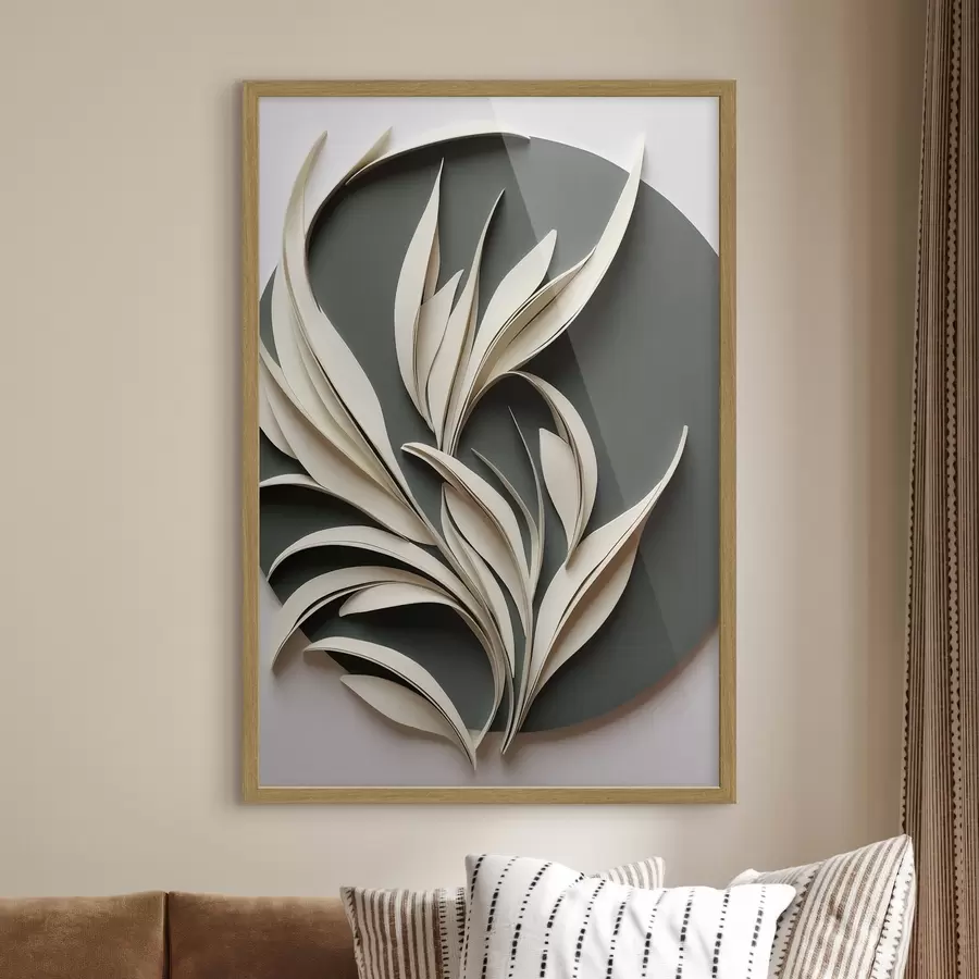 Fotobehang Abstracte bladeren tegen een groene achtergrond, met gelaagde texturen en schaduwen f50975