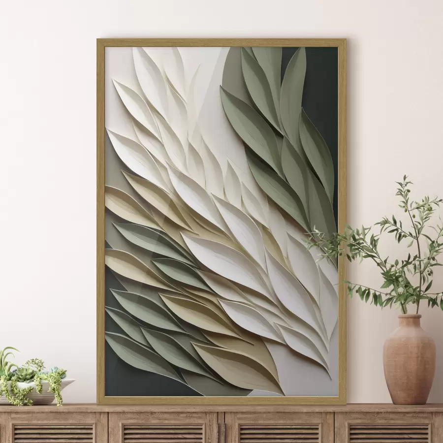 Fotobehang Abstracte bladeren tegen een groene achtergrond, met gelaagde texturen en schaduwen f50976