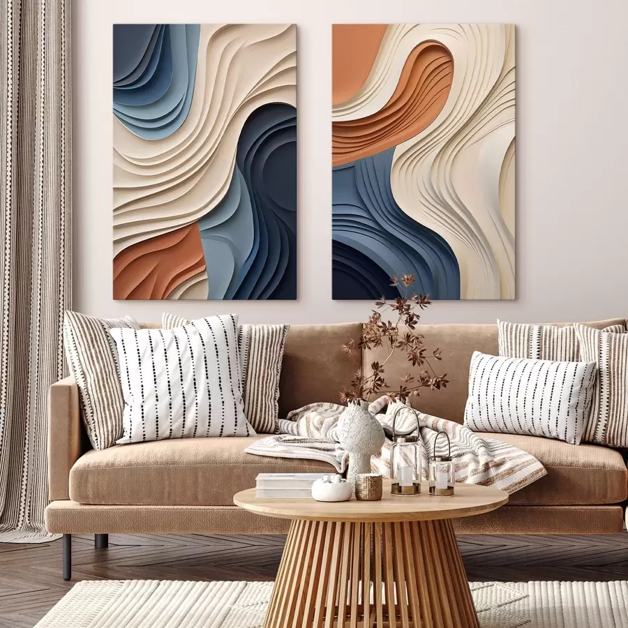  Peintures Couches abstraites et ondulées dans des tons crème, bleu et orange, œuvre d'art moderne texturée m31041