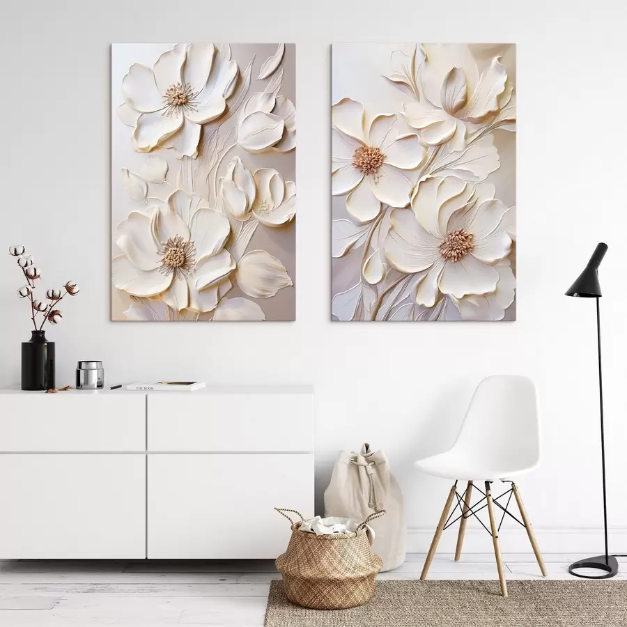  Peintures Fleurs de couleur crème aux pétales texturés, sur un fond doux et clair m31045