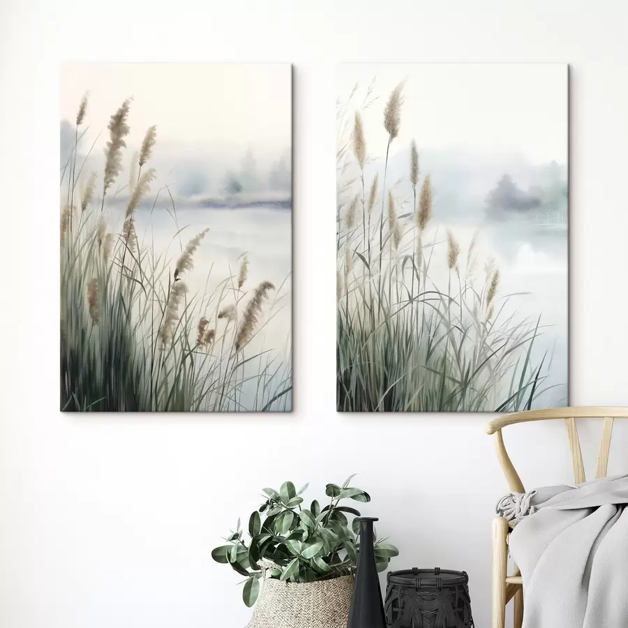  Peintures De hautes herbes de la pampa aux feuilles plumeuses, un paysage aux textures brumeuses m31048
