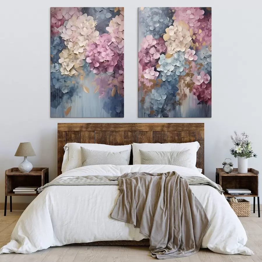 Fotobehang Hortensia’s in roze, crèmekleurige en blauwe tinten, met bloemblaadjes met een structuur, abstracte kunst m31050