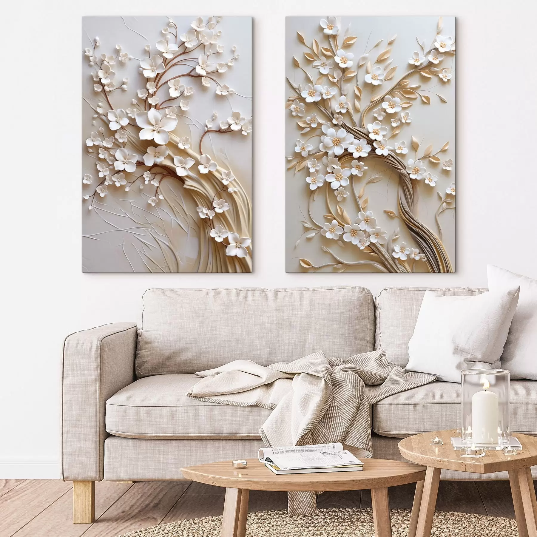  Schilderijen Boom met witte bloemen en bruine stengels, lichtbeige achtergrond met gestructureerde krullen m31052