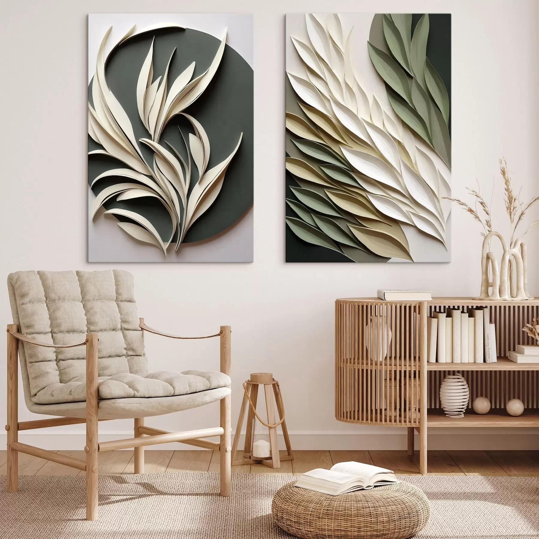  Peintures Feuilles abstraites sur fond vert, avec des textures superposées et des ombres m31054