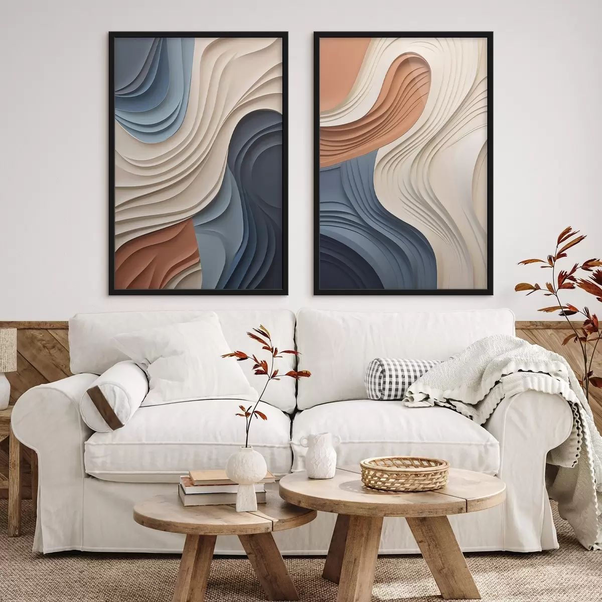 Poster Abstracte, golvende lagen in crème, blauw en oranje, moderne kunst met textuur d31041