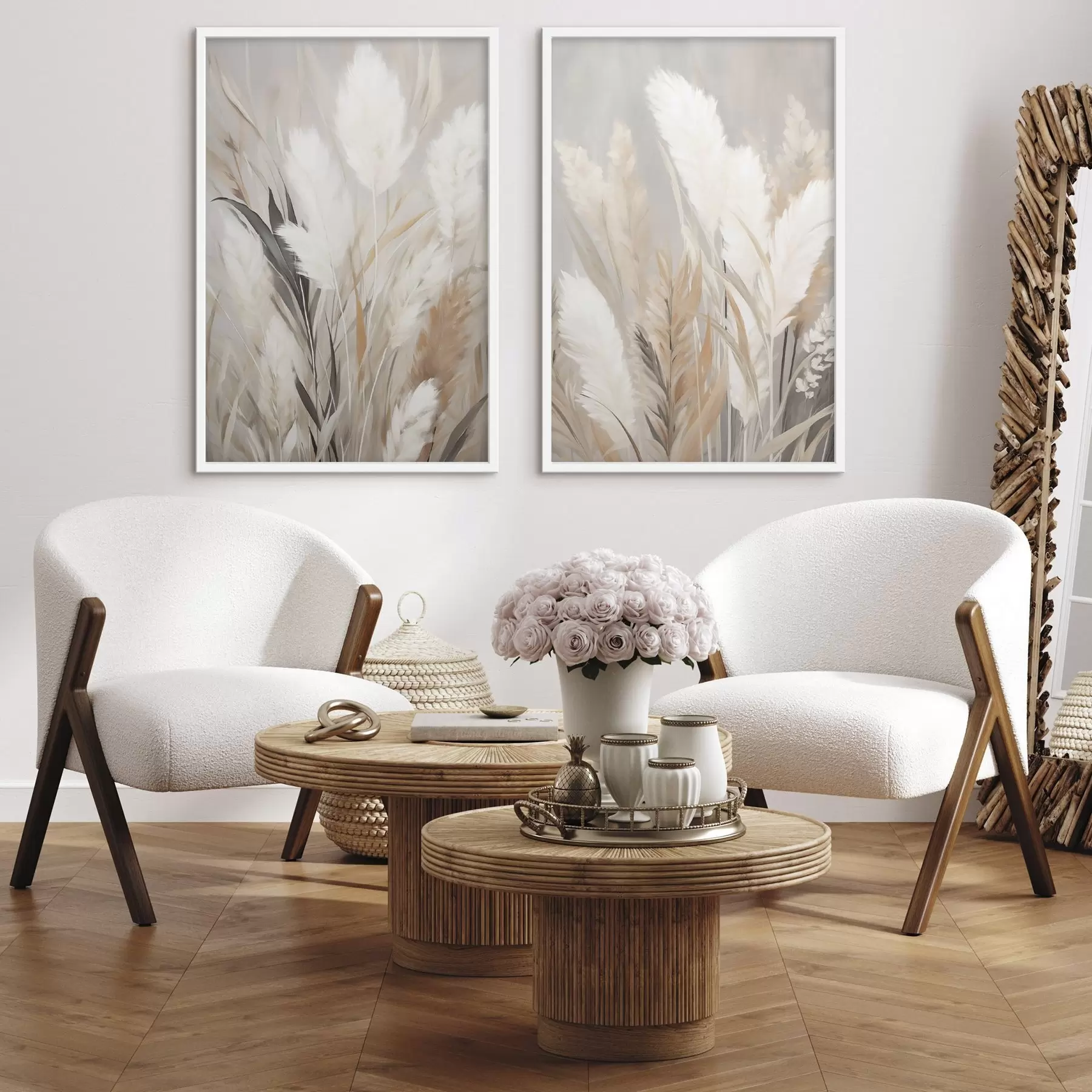 Papier peint photo Herbe de la pampa aux feuilles blanches et noires sur un fond neutre d31044