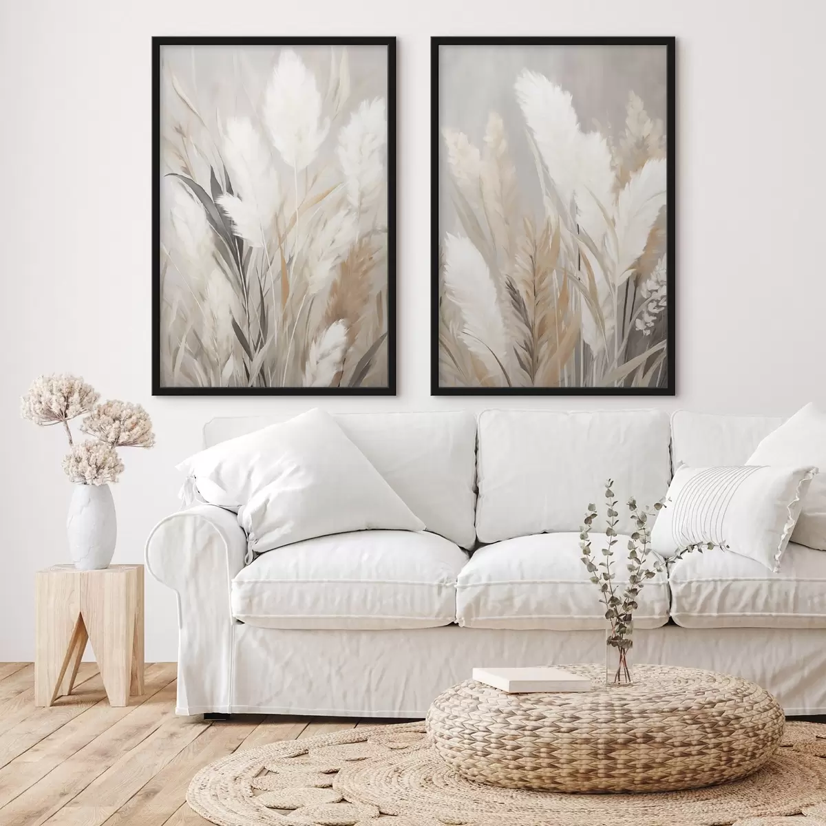 Poster Pampasgras met witte en zwarte bladeren tegen een neutrale achtergrond d31044