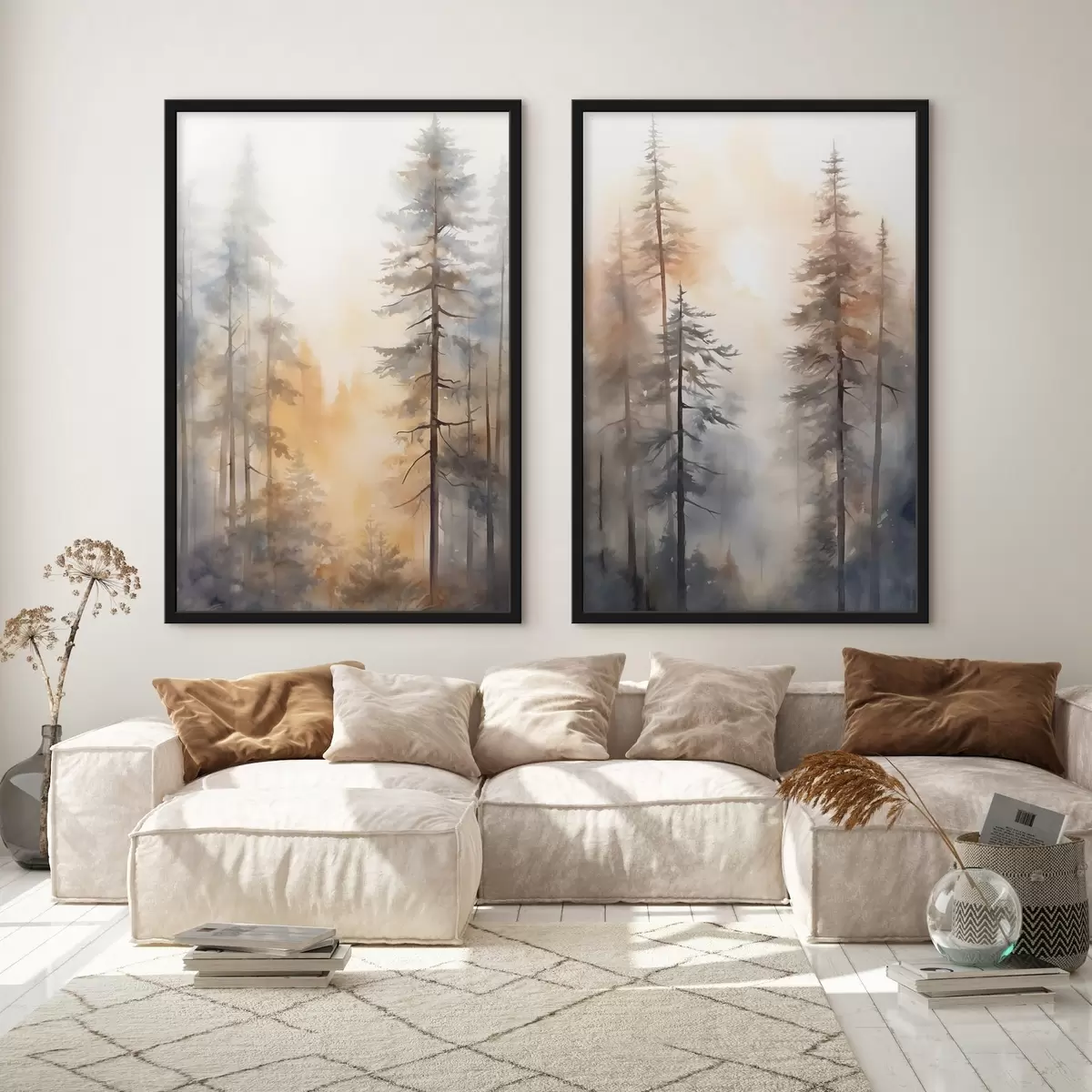 Poster Hoge dennenbomen, boslandschap met warm oranje licht d31046