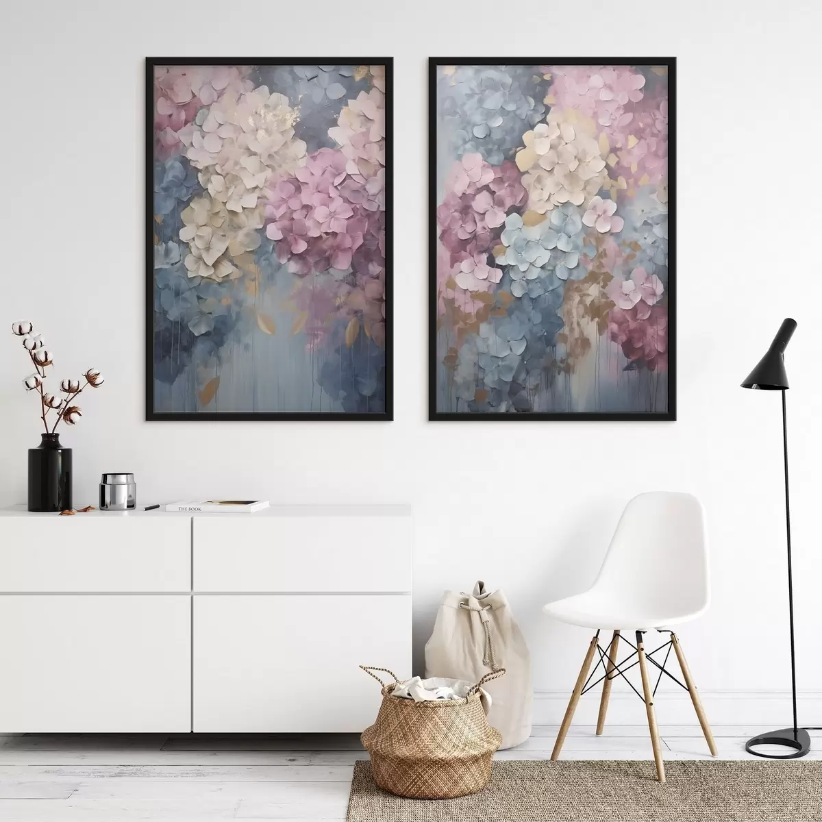 Affiche Hortensias dans des tons de rose, crème et bleu, aux pétales texturés, art abstrait d31050
