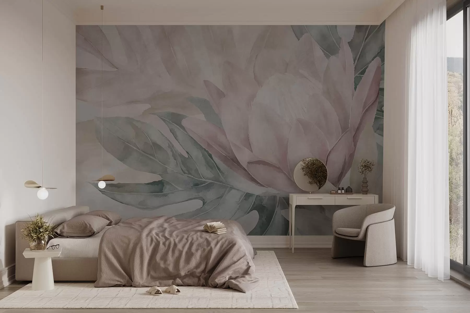 Fotobehang Protea en tropische bladeren w09988