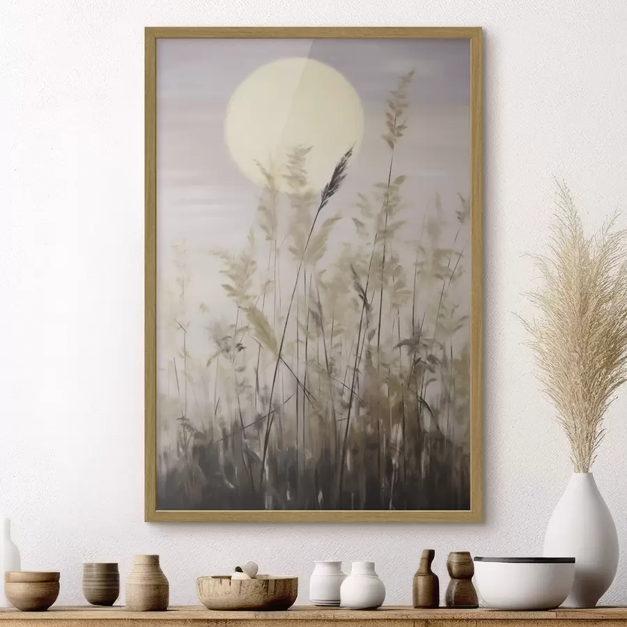 Fotobehang Abstracte grassen tegen de achtergrond van de maan, een imitatie van een schilderij f50985