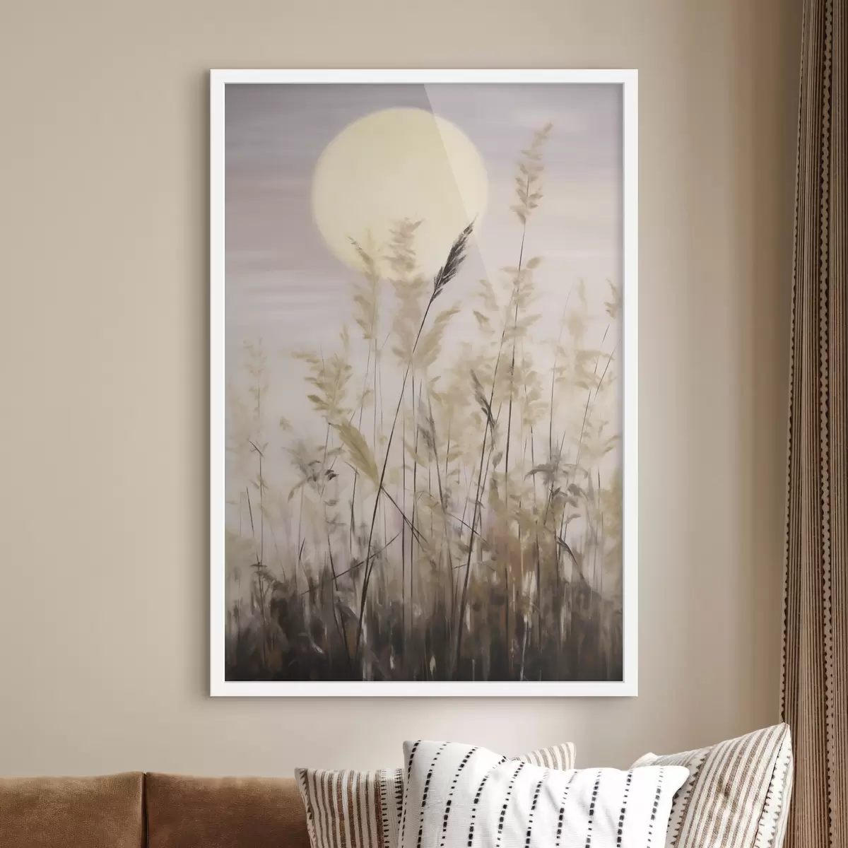 Poster Abstracte grassen tegen de achtergrond van de maan, een imitatie van een schilderij f50985