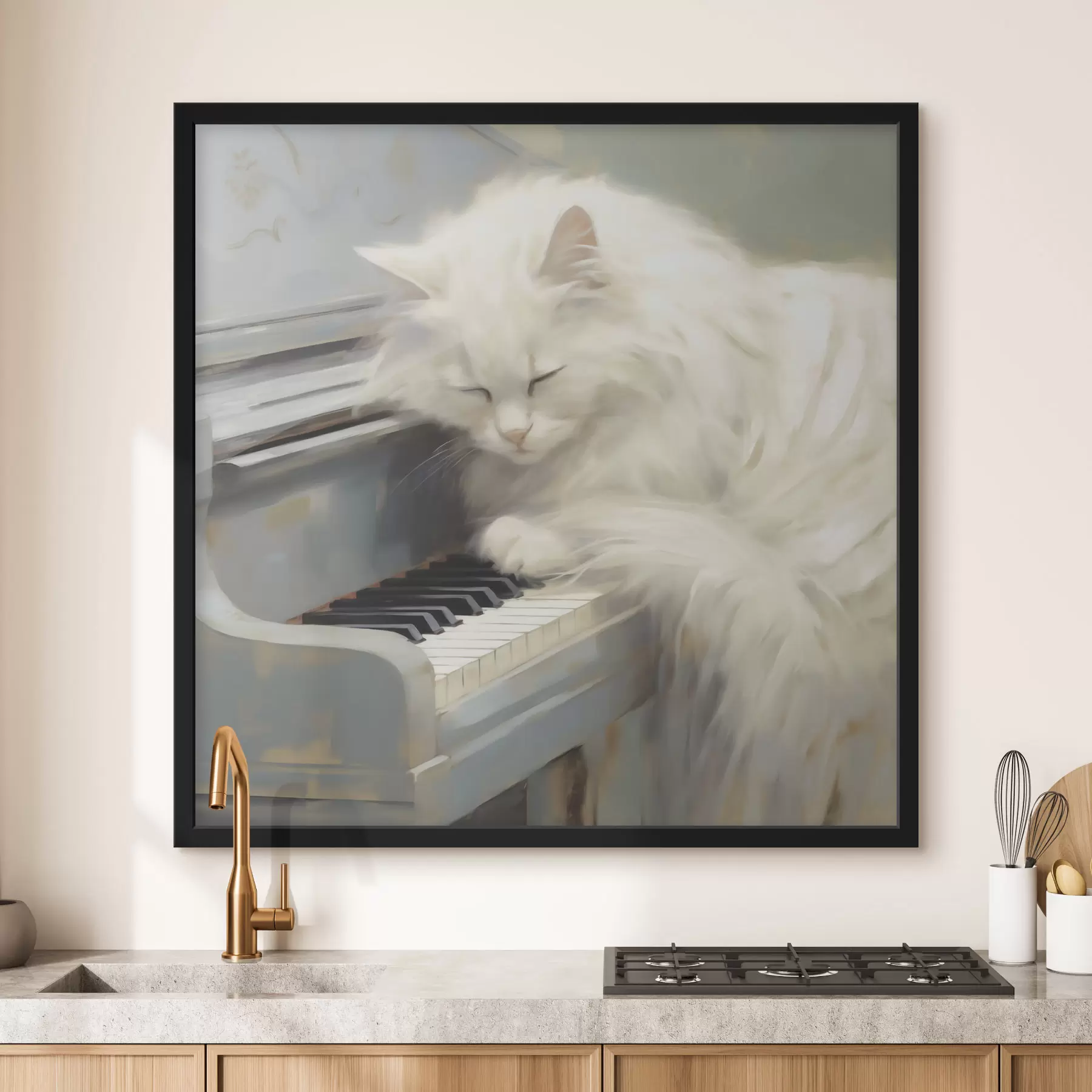 Papier peint photo Chat dormant sur les touches d'un piano, reproduction d'un tableau f50990