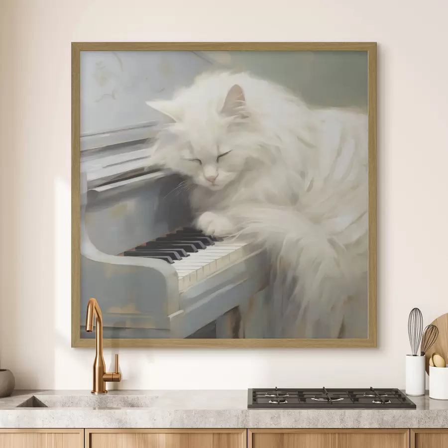 Fotobehang Kat die op pianotoetsen slaapt, schilderijreproductie f50990