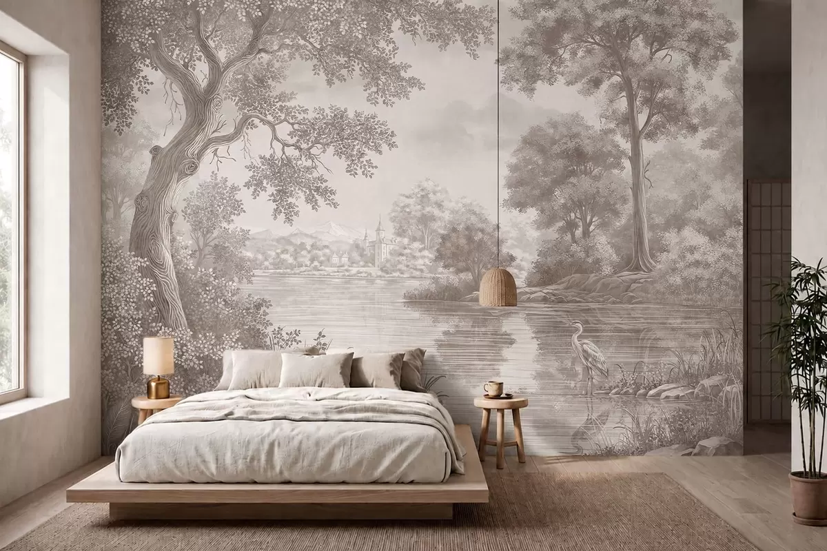 Fotobehang Monochroom boslandschap met een meer en een reiger w05805
