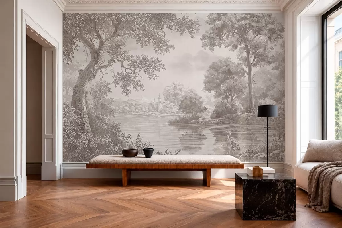 Fotobehang Monochroom boslandschap met een meer en een reiger w05805