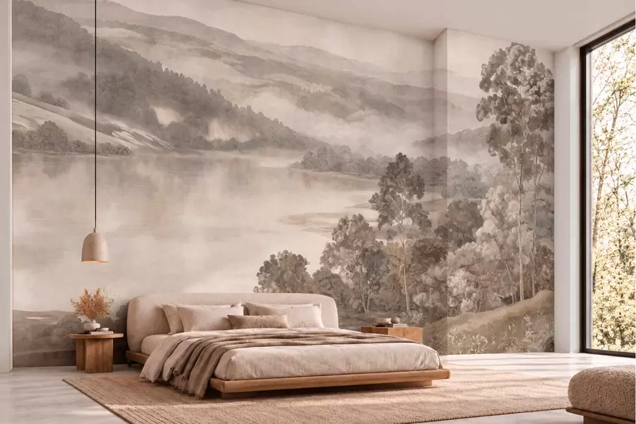 Fotobehang Een rustig meer te midden van mistige heuvels en bossen w05928