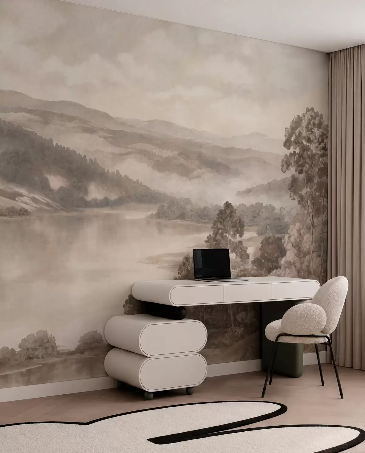 Fotobehang Een rustig meer te midden van mistige heuvels en bossen w05928