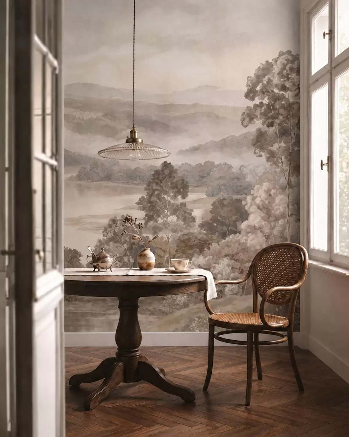 Fotobehang Een rustig meer te midden van mistige heuvels en bossen w05928