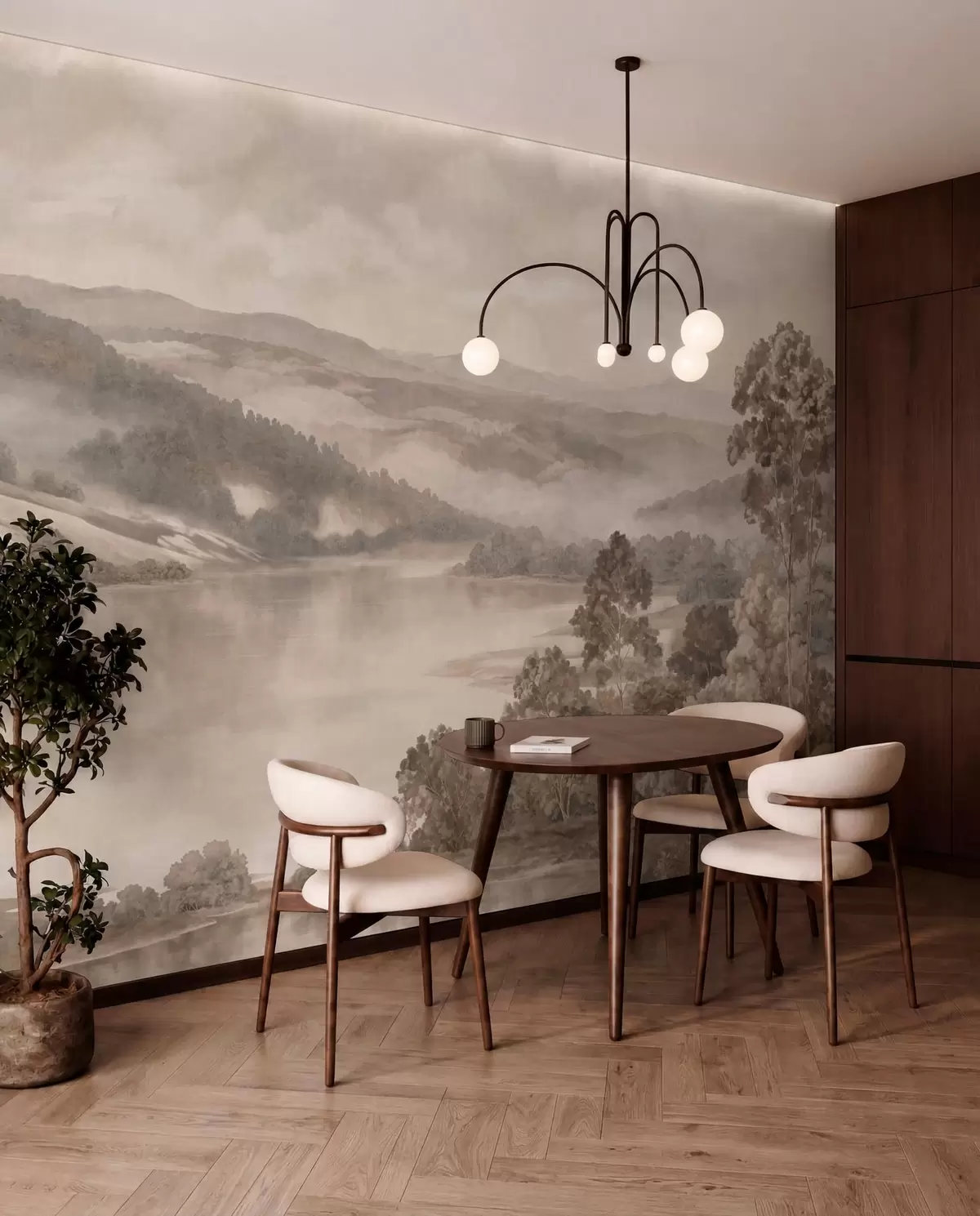 Fotobehang Een rustig meer te midden van mistige heuvels en bossen w05928