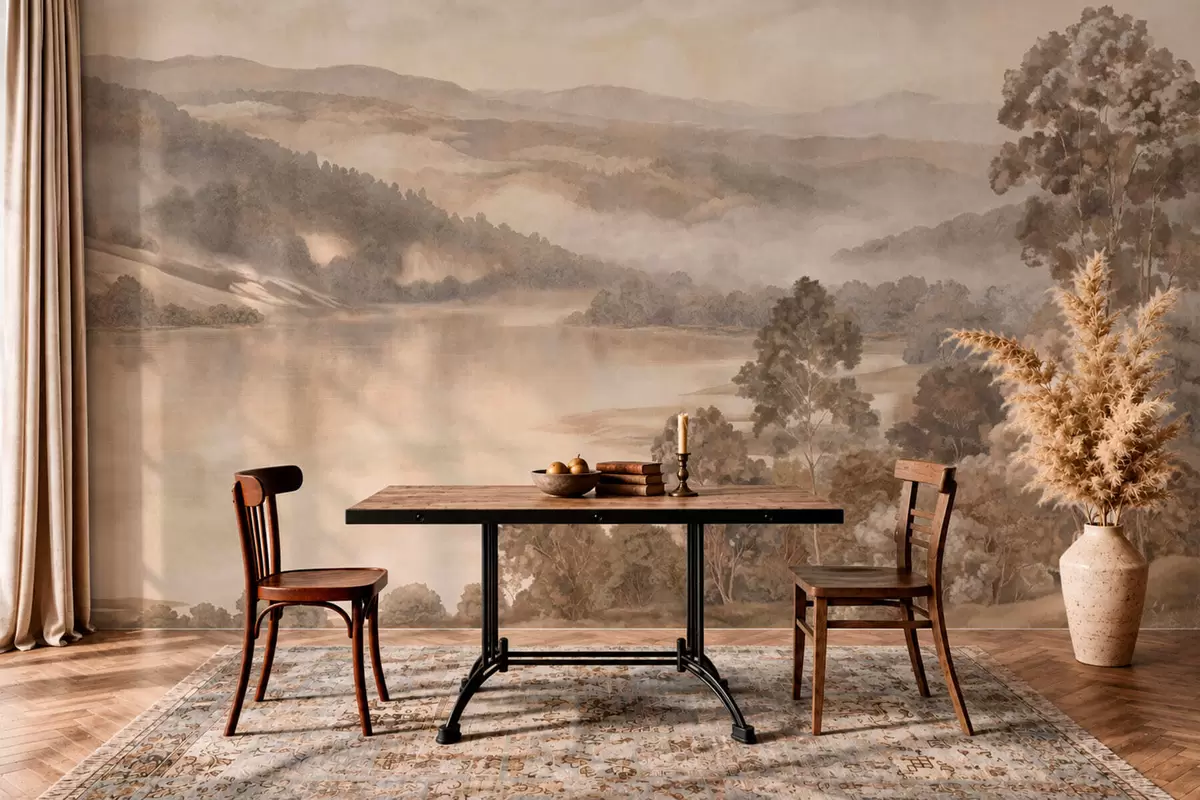 Fotobehang Een meer te midden van beboste bergen in warme pasteltinten w05928v1