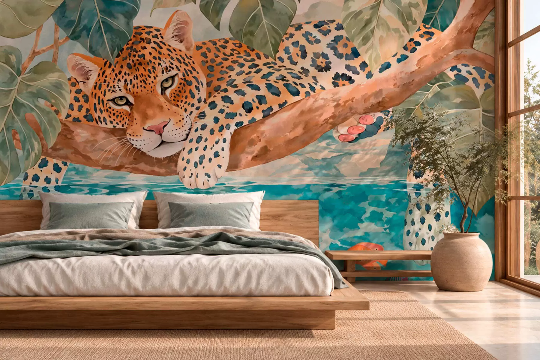 Fotobehang Een luipaard op een tak boven het water met kleurrijke vissen w05954
