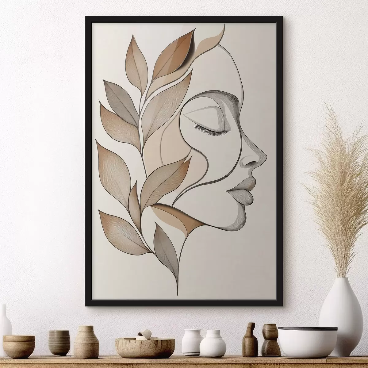 Poster Profiel van een vrouw met bladeren f50997