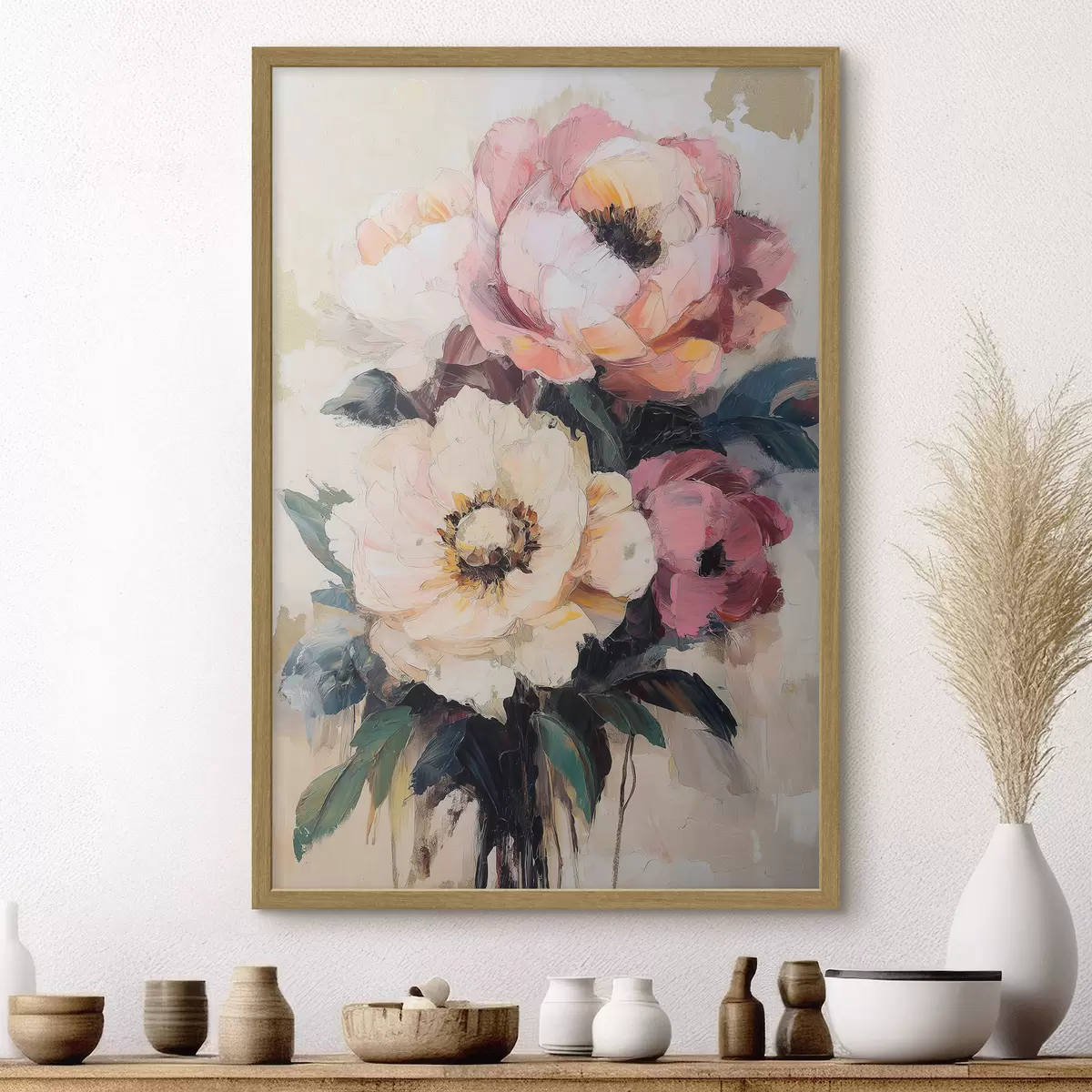 Poster Roze en crèmekleurige pioenrozen f51007