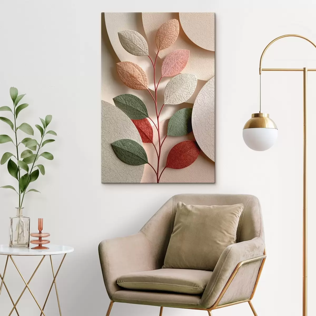  Peintures Branche végétale agrémentée de formes géométriques s50863