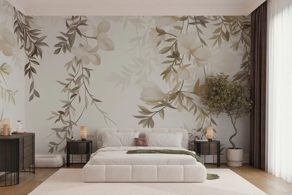 Fotobehang Hangende wilgentakken en zacht bloeiende bloemen in ingetogen beige tinten w10081