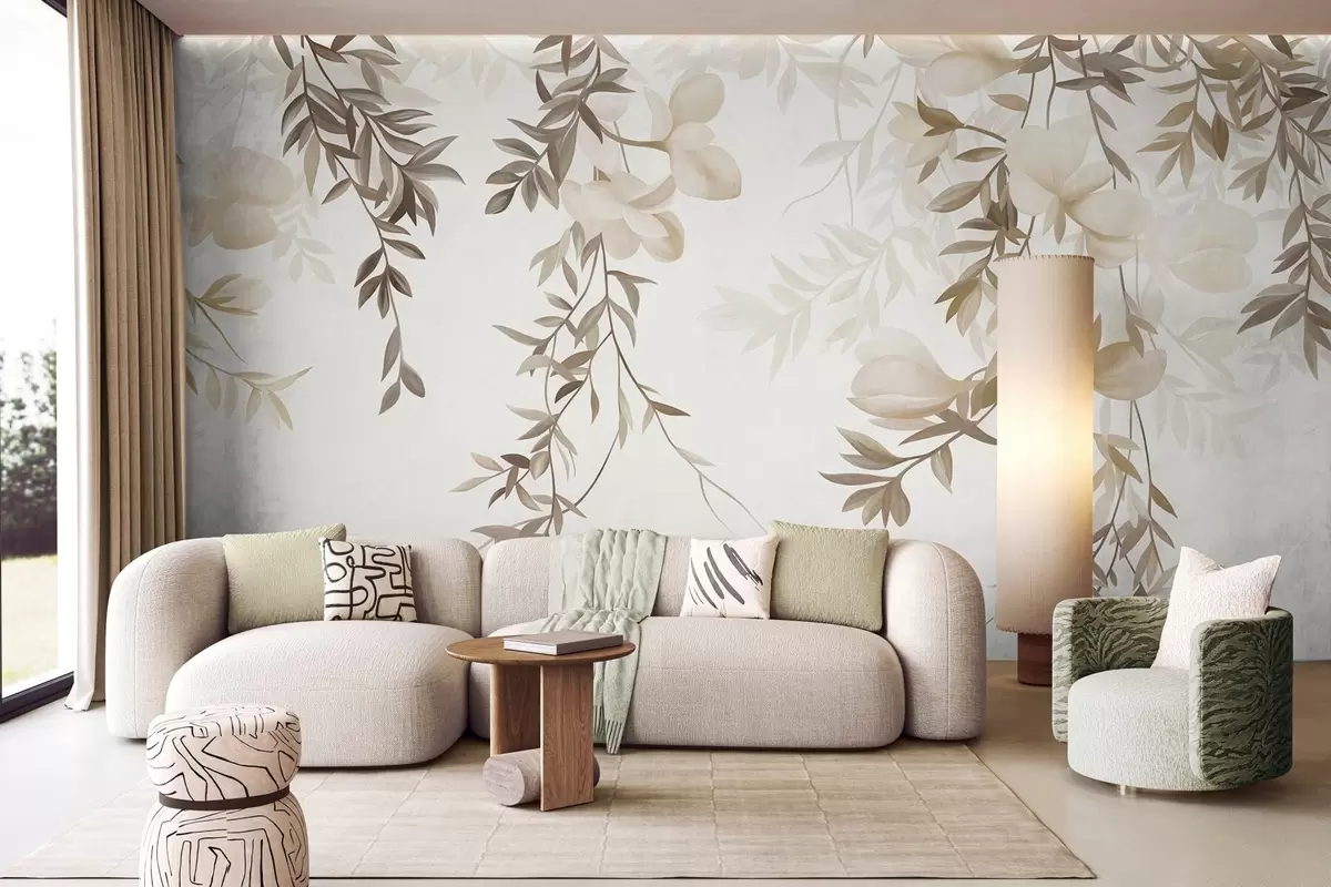 Fotobehang Hangende wilgentakken en zacht bloeiende bloemen in ingetogen beige tinten w10081