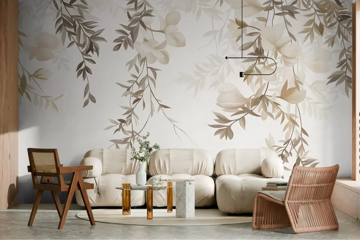 Fotobehang Hangende wilgentakken en zacht bloeiende bloemen in ingetogen beige tinten w10081