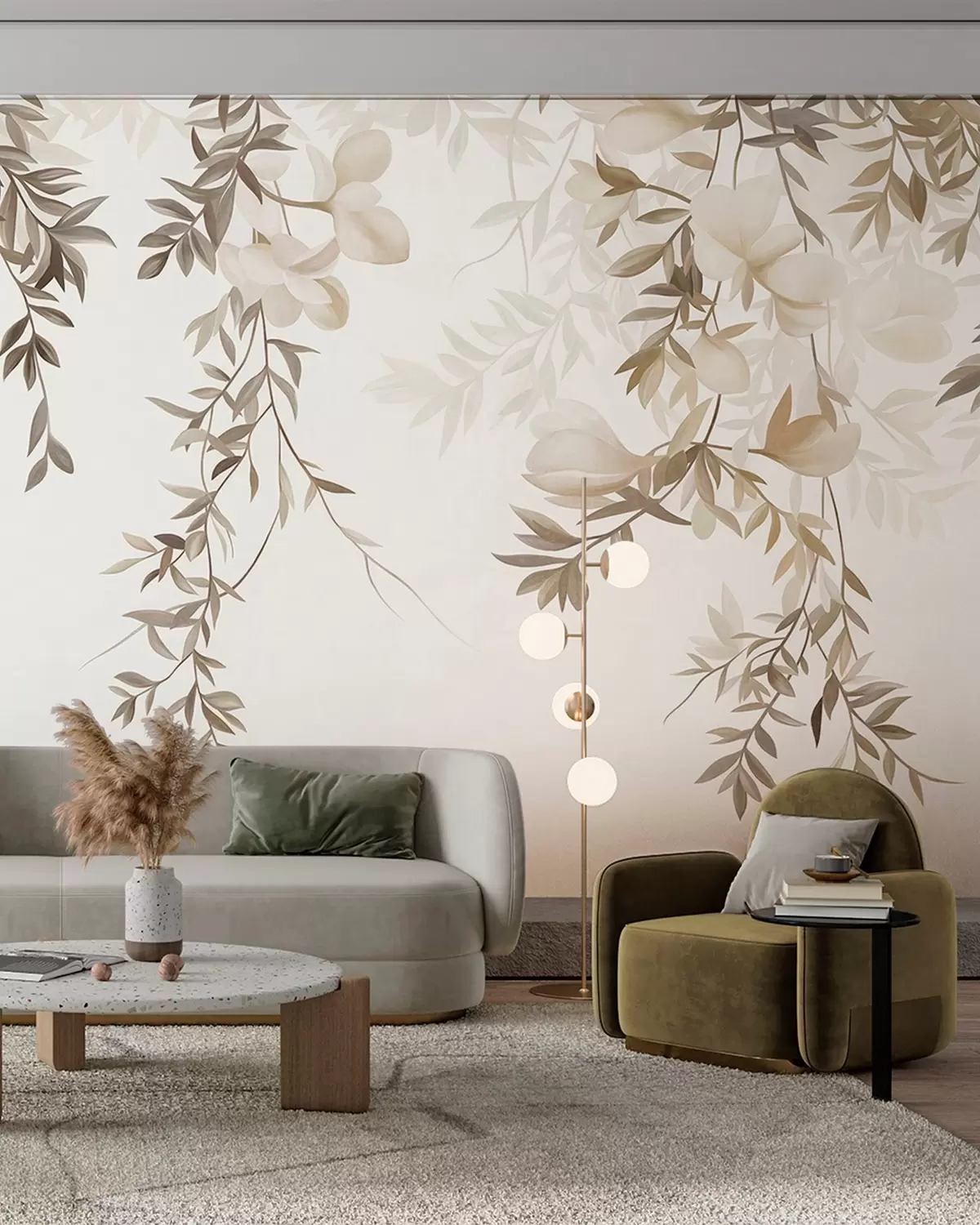 Fotobehang Hangende wilgentakken en zacht bloeiende bloemen in ingetogen beige tinten w10081