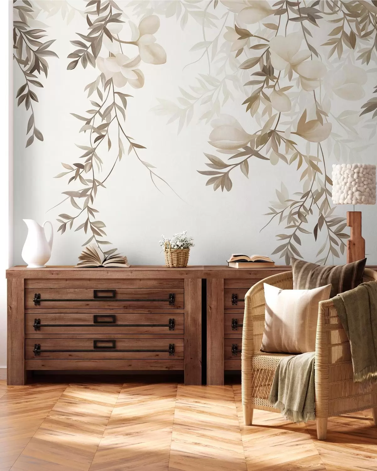Fotobehang Hangende wilgentakken en zacht bloeiende bloemen in ingetogen beige tinten w10081
