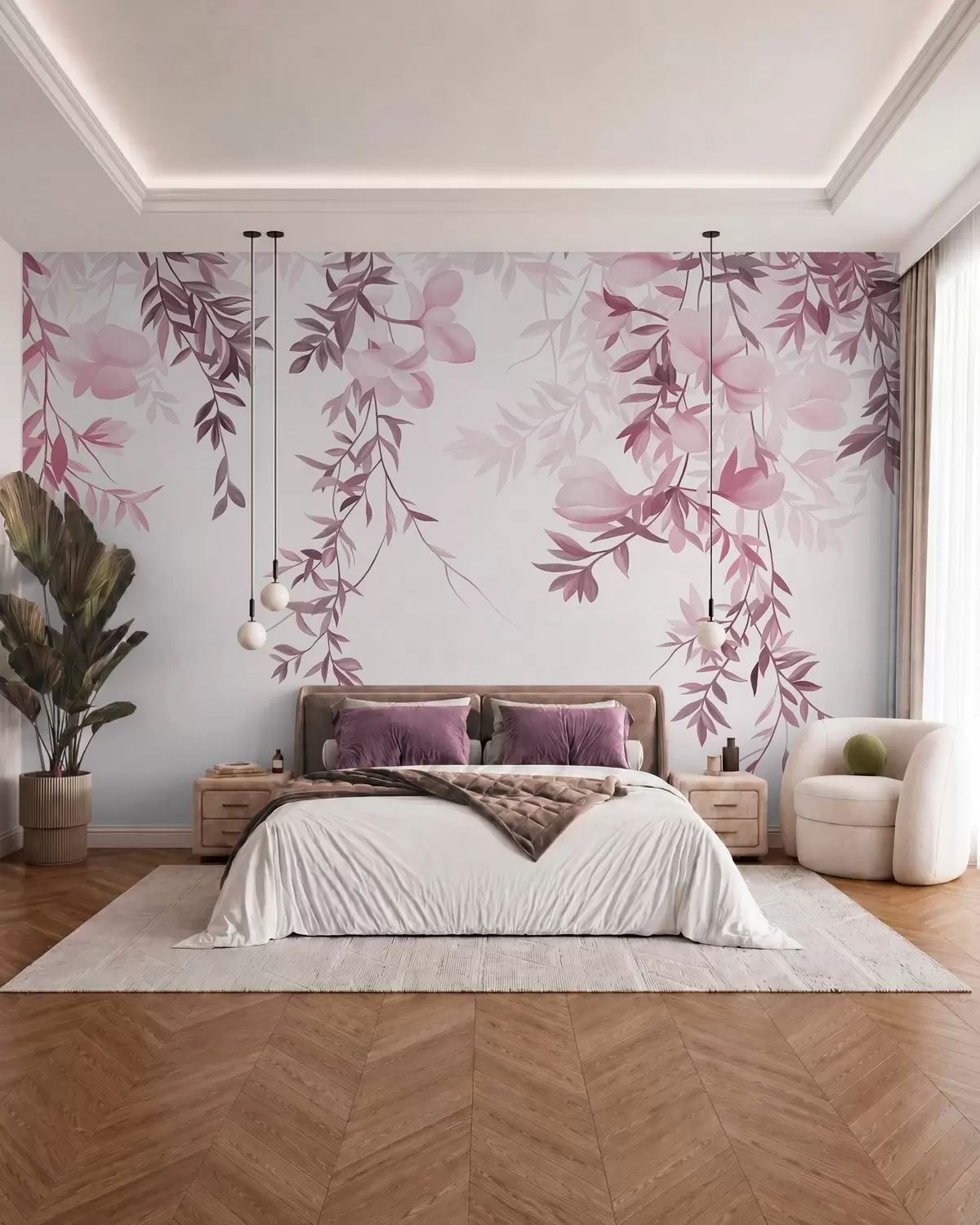 Fotobehang Hangende wilgentakken en zacht bloeiende bloemen in gedempte roze tinten w10081v1
