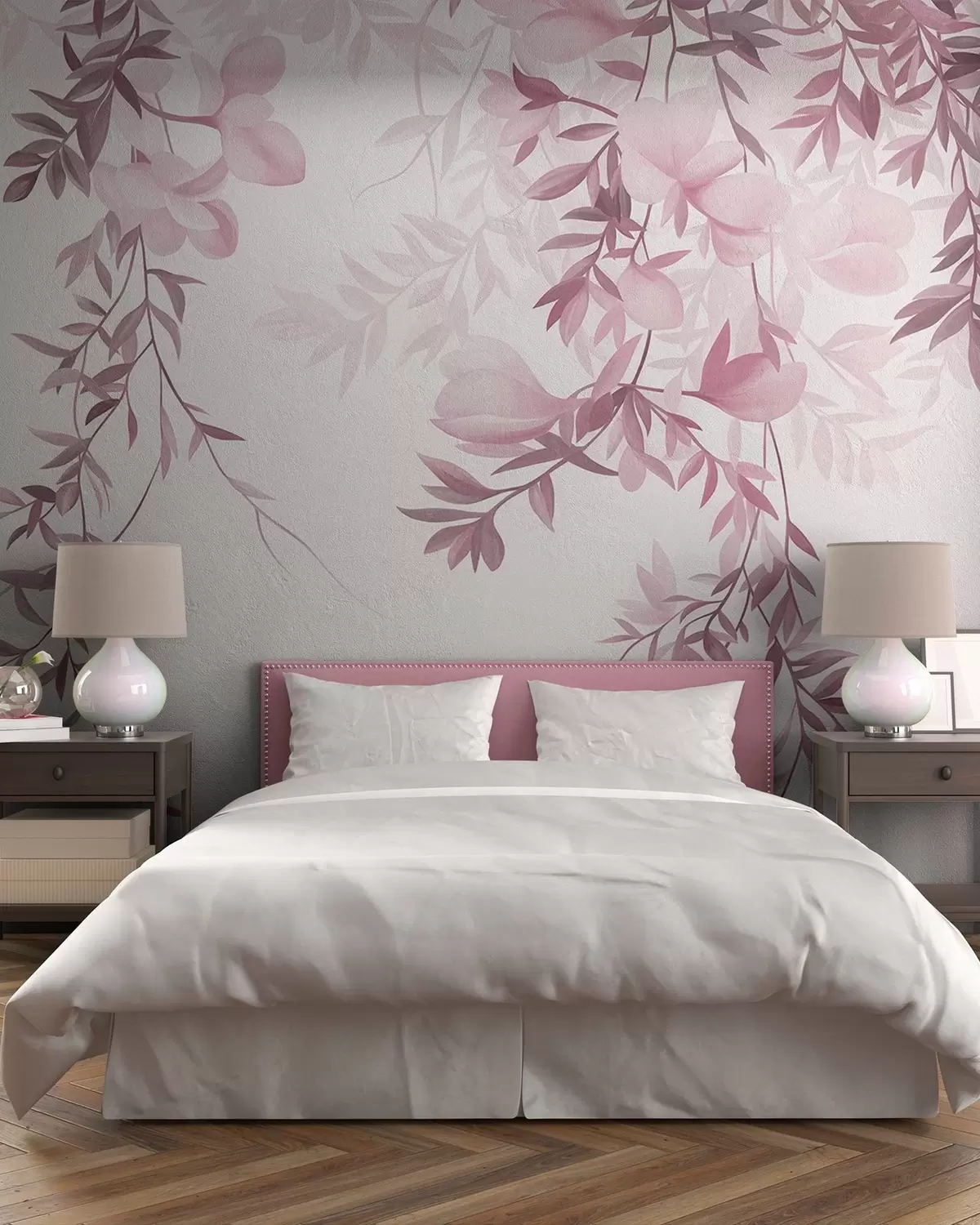 Fotobehang Hangende wilgentakken en zacht bloeiende bloemen in gedempte roze tinten w10081v1